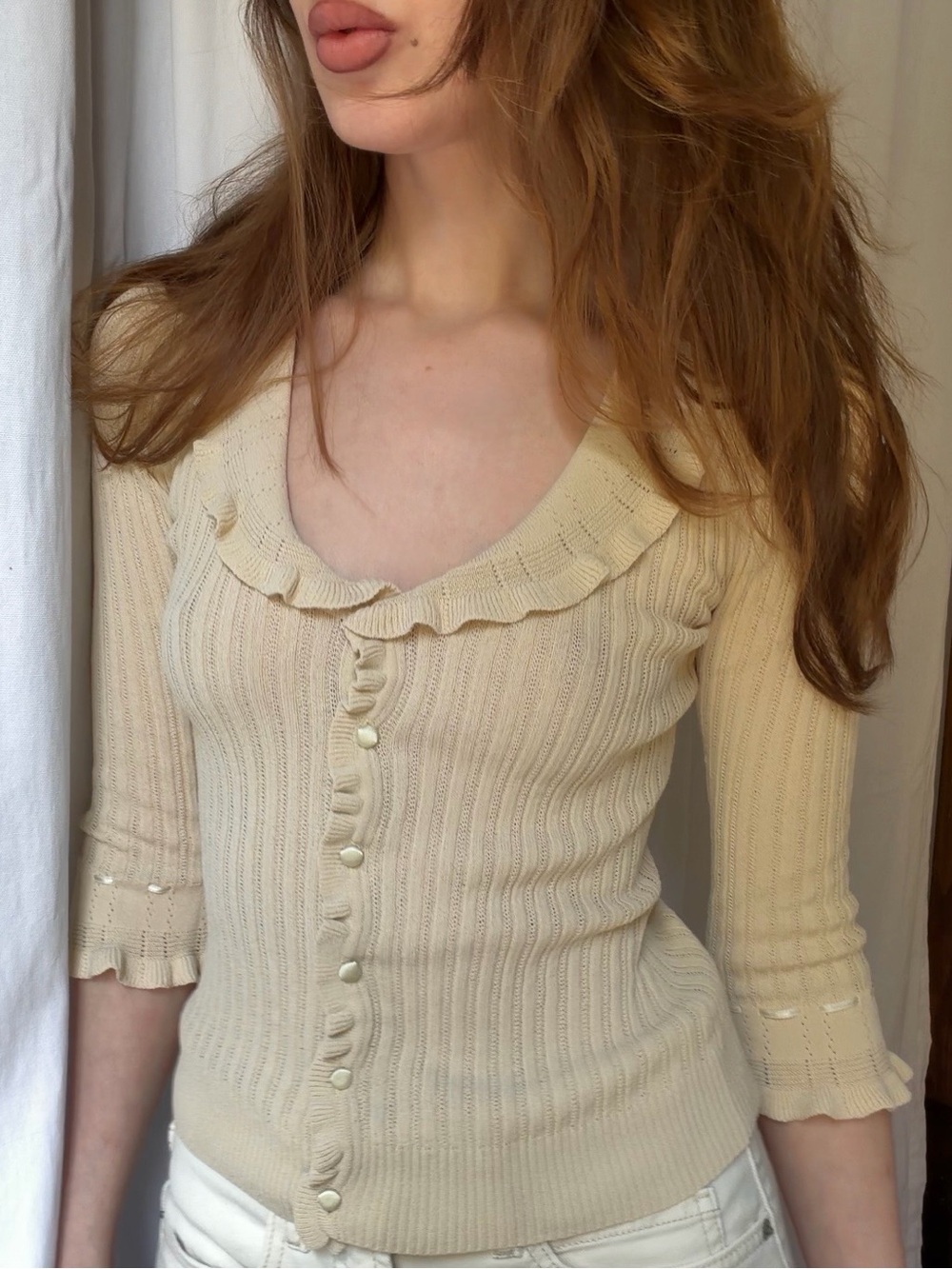 🤎Vintage // Ruffled Scoop Neck Knit Cardigan Top🤎